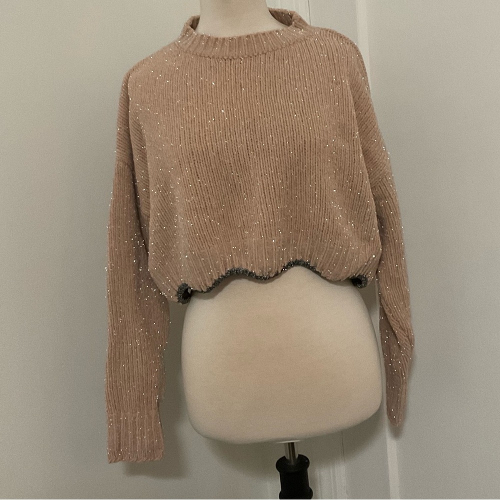 Zara Glittery Dusty Pink Beige Cropped Sweater